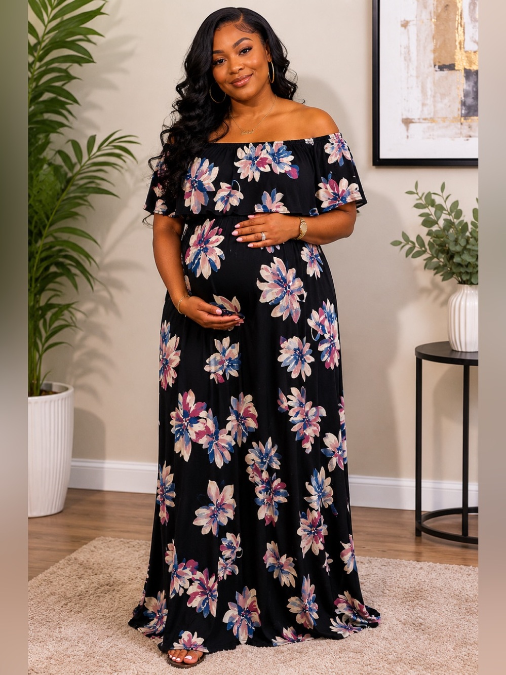 Hello Miz Maternity Floral Off Shoulder Bodycon Dress Black Pink Flower Sz(M) - Picture 2 of 6